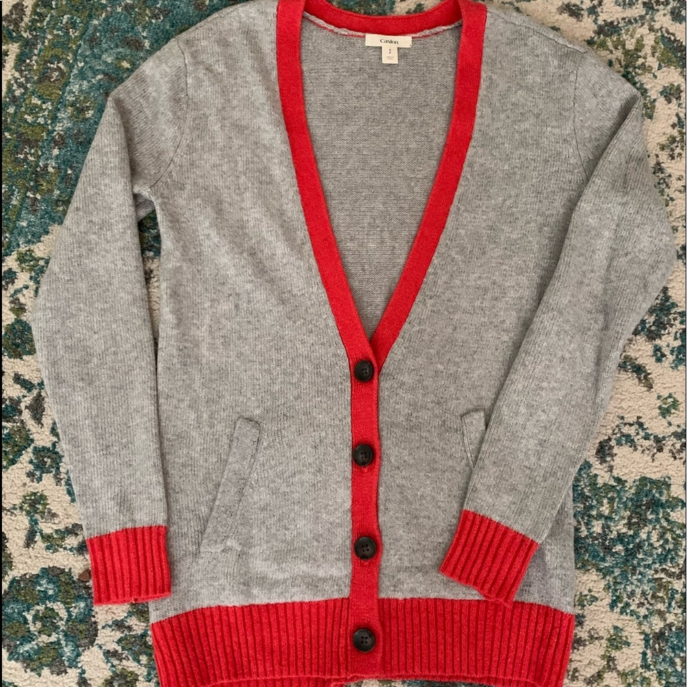 Gray and red cardigan